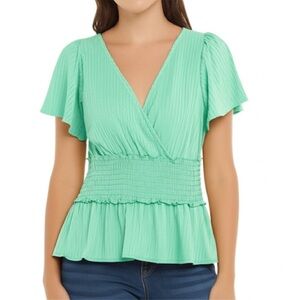 ENTRO Mint Green Deep V-Neck Peplum Smocked Short Sleeve Ribbed Top